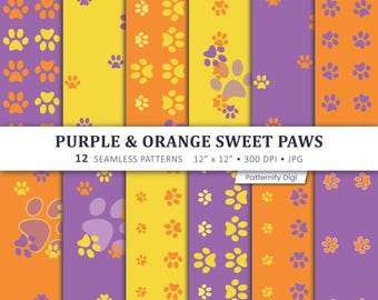 Purple Orange Paw Print Digital Paper, Dog Paw Seamless Patterns, Pet Scrapbook Paper, Puppy Digital Backgrounds, Animal Paw Paper