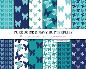 Turquoise Navy Butterfly Digital Paper, Butterfly Seamless Patterns, Blue Scrapbook Paper, Teal Craft Paper, Printable Paper
