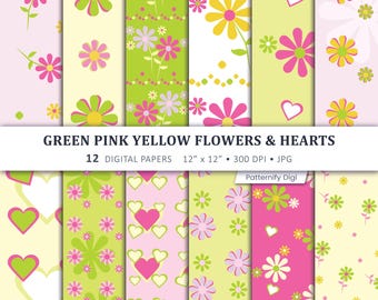 Green Pink Yellow Floral Digital Paper, Flowers and Hearts Seamless Patterns, Scrapbook Paper, Spring Craft Paper, Printable Backgrounds