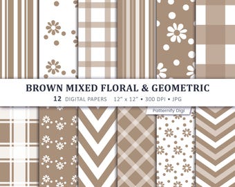 Brown Floral Geometric Digital Paper, Seamless Patterns, Scrapbook Backgrounds, Printable Paper Pack, DIY Craft Paper