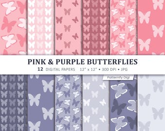 Pink Purple Butterfly Digital Paper, Butterfly Seamless Patterns, Pink Scrapbook Paper, Printable Craft Backgrounds, 12 JPGs