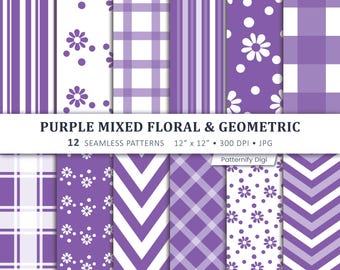 Purple Floral Seamless Patterns, Geometric Digital Paper, Scrapbook Backgrounds, Printable Paper Pack, DIY Craft Paper