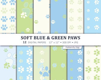 Paw Print Digital Paper, Blue Green Dog Scrapbook Paper, Cute Pet Seamless Patterns, Pastel Paw Print Backgrounds