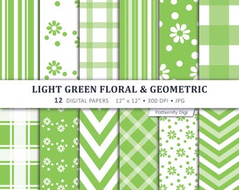 Light Green Floral & Geometric Digital Paper Set, Seamless Patterns, Scrapbook Paper, Printable Backgrounds