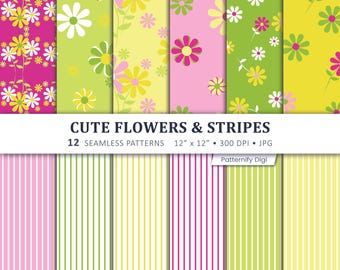 Cute Floral Digital Paper, Colorful Flower Patterns, Striped Scrapbook Paper, Spring Backgrounds, Seamless Printable Craft Paper