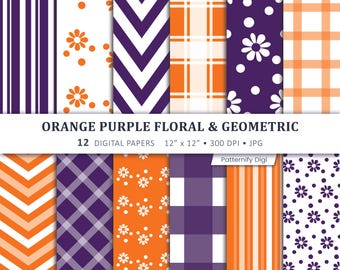 Orange Purple Floral Geometric Digital Paper, Seamless Patterns, Scrapbook Backgrounds, Printable Paper Pack, DIY Craft Paper