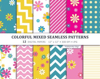 Colorful Mixed Digital Paper, Floral Geometric Seamless Patterns, Bright Scrapbook Paper, Printable Craft Backgrounds, JPG Paper Pack