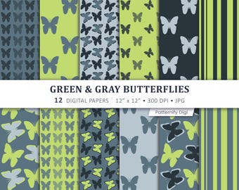 Green Gray Butterfly Digital Paper, Green & Gray Seamless Patterns, Butterfly Scrapbook Paper, Nature Craft Paper, Printable Digital Paper