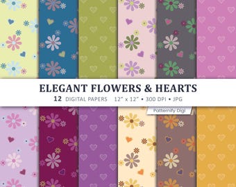 Elegant Flowers and Hearts Digital Paper, Floral Seamless Patterns, Colorful Scrapbook Paper, Heart Pattern Backgrounds, Printable Paper
