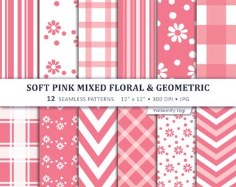 Soft Pink Floral Geometric Digital Paper, Seamless Patterns, Scrapbook Backgrounds, Printable Paper Pack, DIY Craft Paper