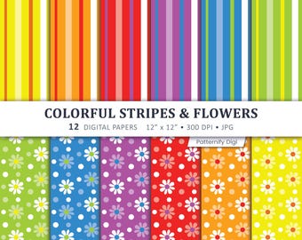 Colorful Floral Digital Paper, Rainbow Flower Patterns, Polka Dot Scrapbook Paper, Bright Seamless Backgrounds, Printable Craft Paper