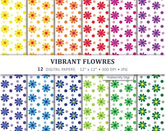 Vibrant Floral Digital Paper, Colorful Daisy Seamless Patterns, Bright Flower Scrapbook Paper, Polka Dot Background, Craft Paper