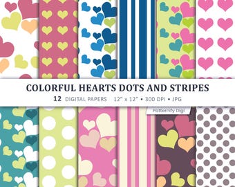 Colorful Hearts Digital Paper, Heart Seamless Patterns, Stripes & Dots Scrapbook Paper, Valentine's Background