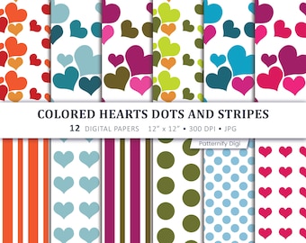 Colored Hearts Digital Paper Pack, Heart Seamless Patterns, Heart Dots and Stripes, Scrapbook Paper, Love Backgrounds
