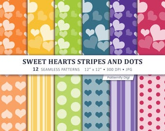Sweet Hearts Digital Paper Pack, Heart Seamless Patterns, Stripes and Dots Scrapbook Paper, Valentine Backgrounds