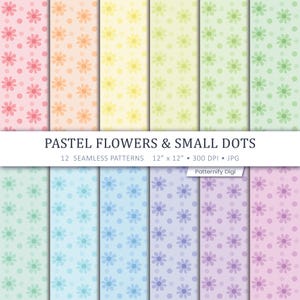 May include: A collection of 12 seamless patterns, each 12" x 12", featuring pastel flowers and small dots. The color palette includes pink, orange, yellow, green, blue, and purple. The text "PASTEL FLOWERS & SMALL DOTS" is displayed.