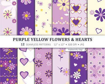 Purple Yellow Floral Digital Paper, Flowers & Hearts Seamless Patterns, Scrapbook Paper, 12 JPG