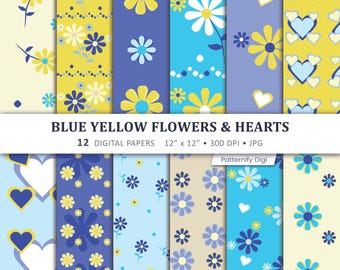 Blue Yellow Floral Digital Paper Pack, Cute Heart Patterns, Scrapbook Backgrounds, Printable Paper for Crafts