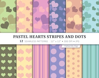 Pastel Hearts Digital Paper, Heart Seamless Patterns, Stripes & Dots Scrapbook Paper, Valentine's Background