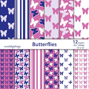 Papier numérique papillon rose, motifs papillons bleus