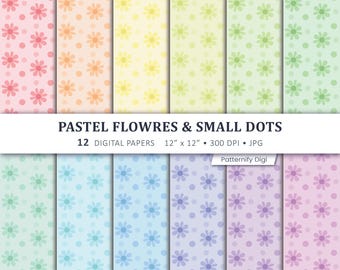 Pastel Floral Digital Paper, Daisy Seamless Patterns, Soft Flower Scrapbook Paper, Small Dot Background, Printable Craft Paper