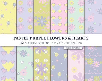 Pastel Purple Floral Digital Paper, Hearts Seamless Patterns, Spring Scrapbook Paper, Cute Digital Paper Pack, Printable Backgrounds