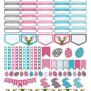 Easter floral printable stickers, rabbit planner stickers, happy planner, eggs stickers