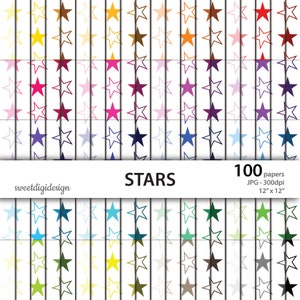 Digital Paper Pack Seamless Stars - Kleurrijke regenboogsterpatronen voor scrapbooking
