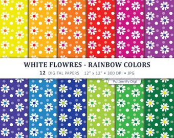 White Daisy Digital Paper, Colorful Floral Seamless Patterns, Rainbow Scrapbook Paper, Flower Background, Craft Paper