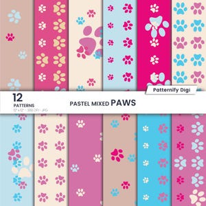 Pink and Blue Paw Digital Paper, Seamless Pet Pattern Backgrounds, Cute Animal Print, Puppy Scrapbook Paper, Instant Download