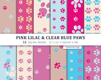 Pink Blue Paw Print Digital Paper, Dog Paw Seamless Patterns, Pet Scrapbook Paper, Puppy Digital Backgrounds, Animal Paw Paper