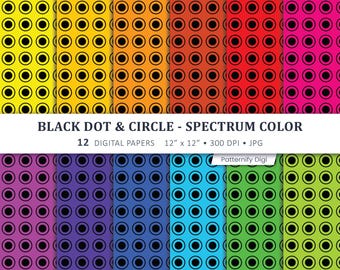 Black Dot & Circle Digital Paper, Colorful Spectrum Pattern, Rainbow Scrapbook Paper, Seamless Polka Dot Background, Printable Craft Paper