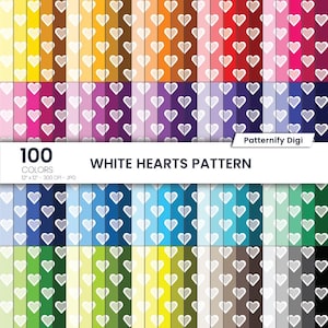 100 Heart Digital Papers, White Hearts Seamless Pattern, High Resolution Hearts Pattern, 12x12 Printable Hearts Paper for Invitations