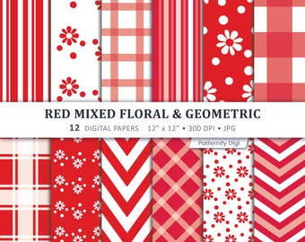 Red Floral & Geometric Digital Paper, Red Scrapbook Paper, Seamless Patterns, 12 JPG