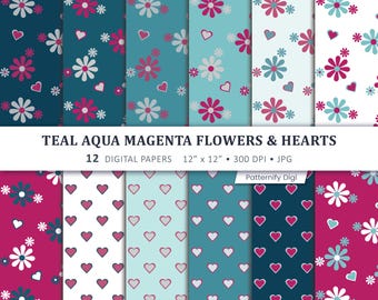 Teal Aqua Magenta Floral Digital Paper, Flowers & Hearts Seamless Patterns, Scrapbook Paper, 12 JPG
