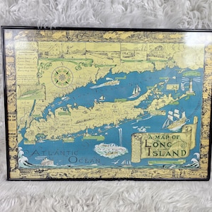 Karte von Long Island 1930s New York bildlich historisch Giclee Leinwand Druck 27 x 19 in