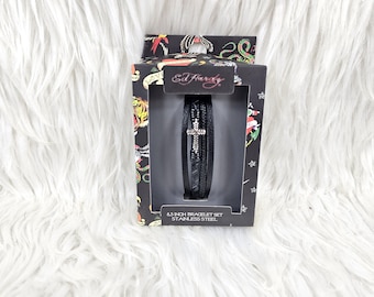 Rare Ed Hardy Cross Stainless Steel 8.5" Bracelet Set - Black Leather Band