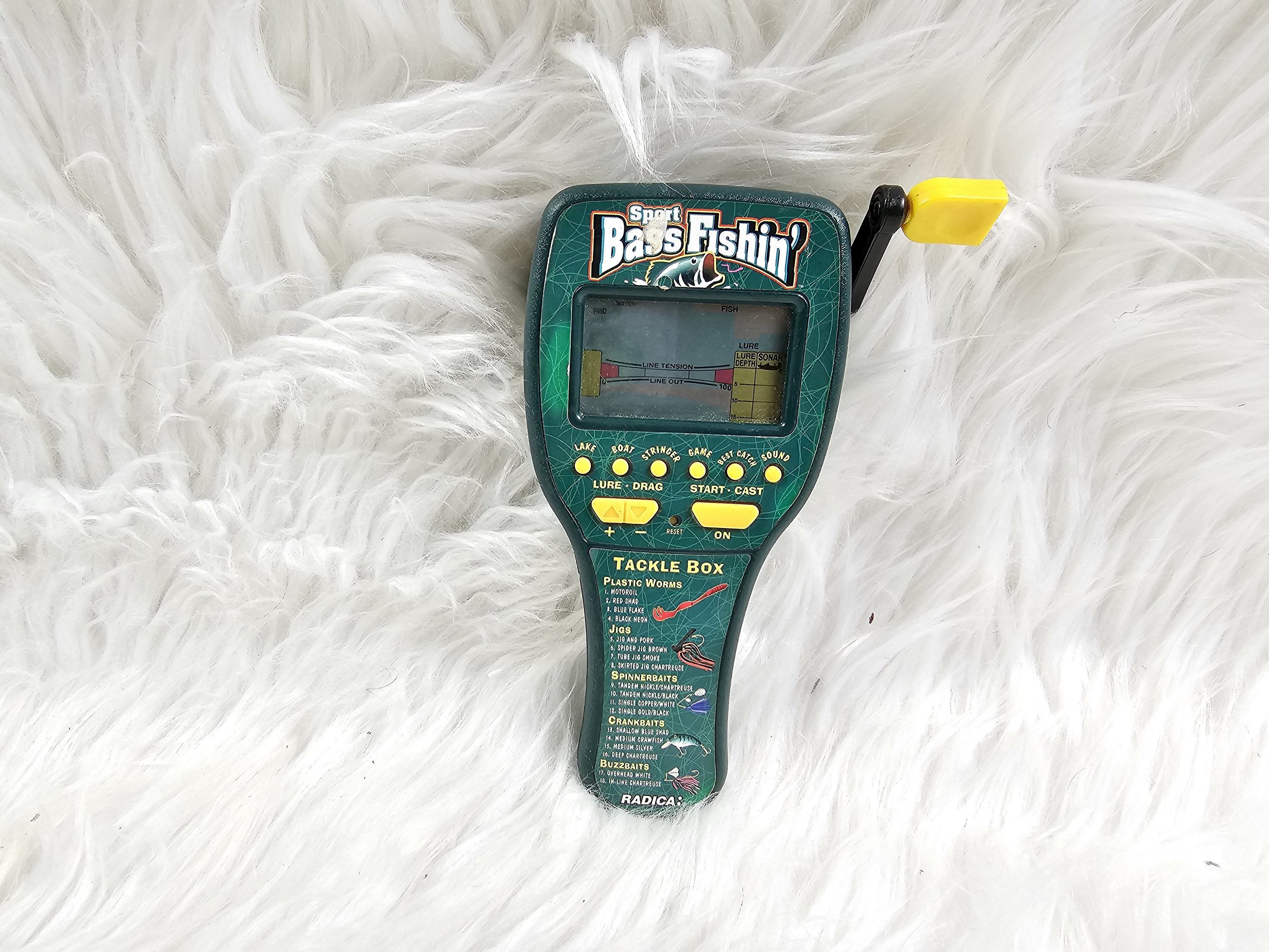 1998 Radica Sport Bass Fishing Electronic Handheld Game Working Green Crank  Reel 