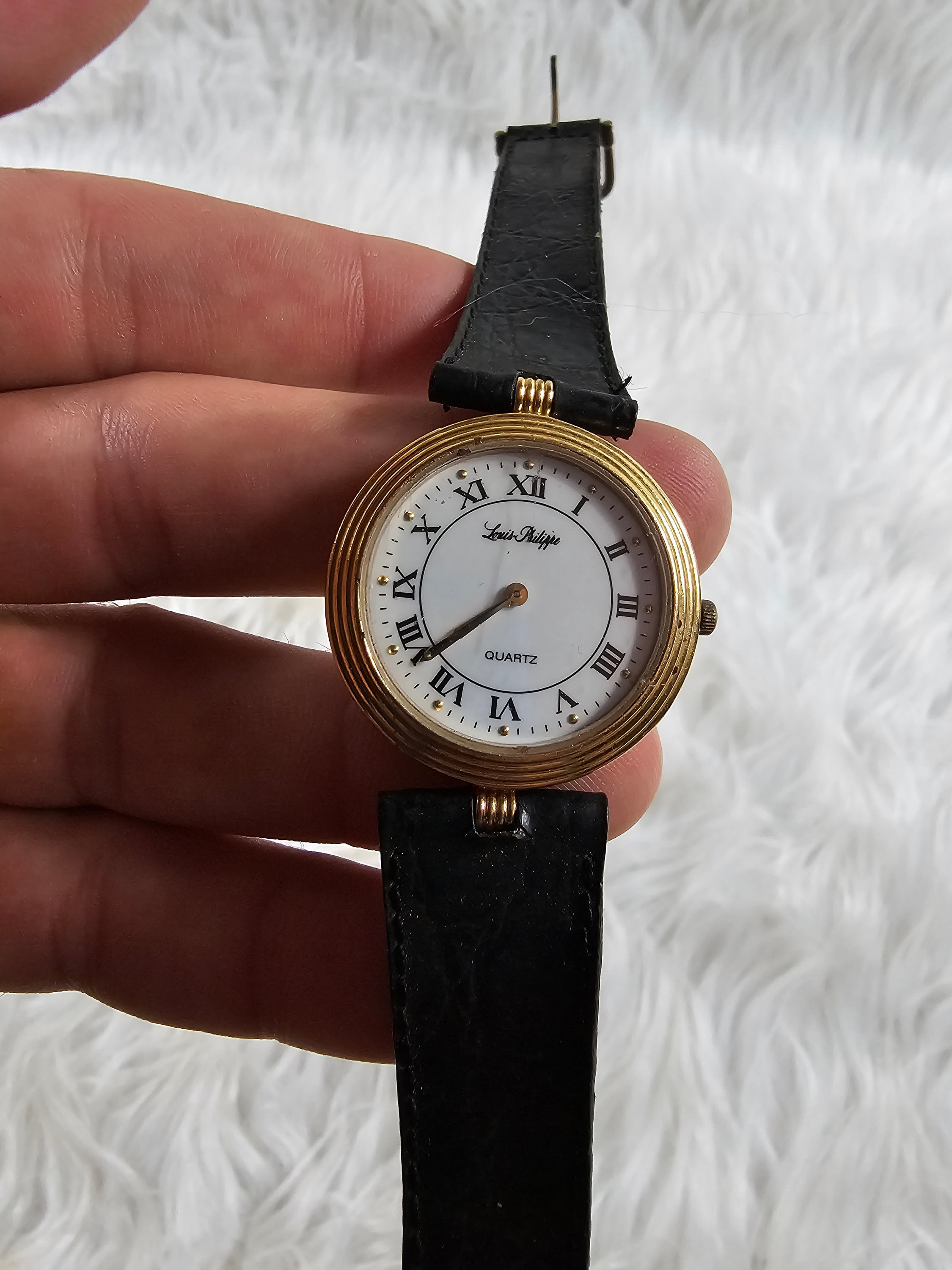 Vintage Rare Louis Philippe Quartz Black Leather Band Wristwatch Mens