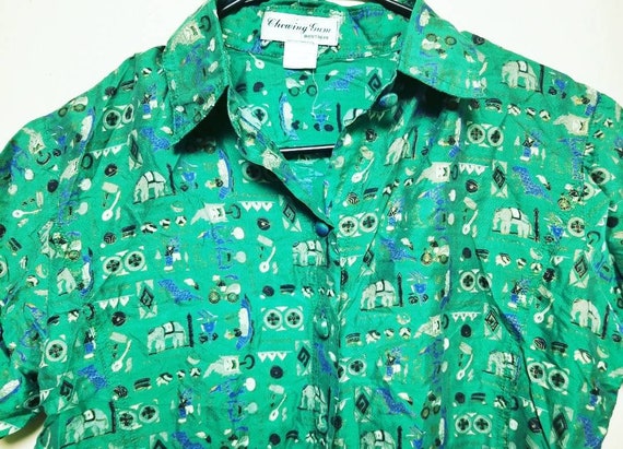 Vintage Small Shirt for Her, Green Elephant Circus