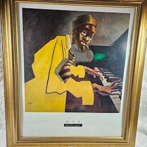 Genuine  Authentic Justin Bua "Piano Man" Custom FRAMED African American Graffiti ART Black BLM. 35 × 31in