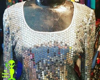 Vintage Silver Sequin Dress, Zippered Back Size 8, Prom Dress,  90s Dress, Halloween Costume,  Wedding Dress, Wedding Ring,  Sequin Shirt