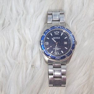 Benrus Men’s Luminous Date Day Dial Stainless Steel Blue Face BNW733 - FOR PARTS