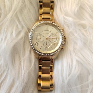 FOSSIL Modern Courier Womens Gold Chronograph Watch, Crystals, Stainless Steel