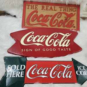 3 Vintage 90s Super Cool Metal/wooden Coca-Cola Retired Signs Soda Pop Signs