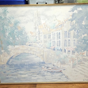Mural artístico de Lee Reynolds, una enorme y rara pintura al óleo de una villa italiana vintage de Vanguard Studios, 122 x 157 cm.