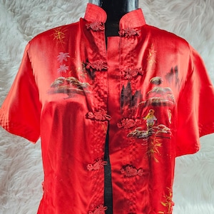 Vintage Osae Classic Red with embroidery Silk Oriental Silk Chinese Asian Shirt Mandarin Cosplay Costume - fit for Large- XL - Vietnam