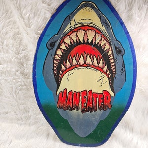 Vintage MANEATER SHARK SKIMBOARD Wood 1980s Jaws Beach House Wall Decor