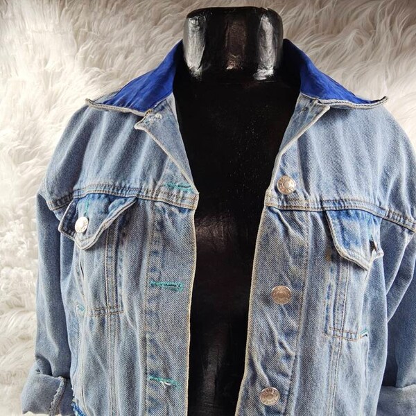 Vintage ADRIANA SPORT Blue Denim Jean Jacket Ladies Women Bohemian Biker Look size small