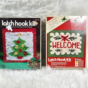 2 Vintage YKI + National Yarn Christmas Latch Hook Kit Christmas Tree + Welcome